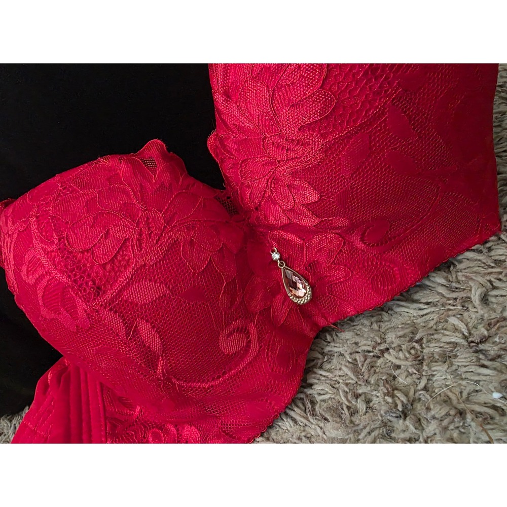 Red Floral Lace Full Coverage Bra with Crystal Charm Detail Size 42/95
